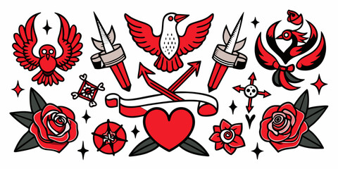 Fototapeta premium Vintage traditional tattoo flash art elements set, vector