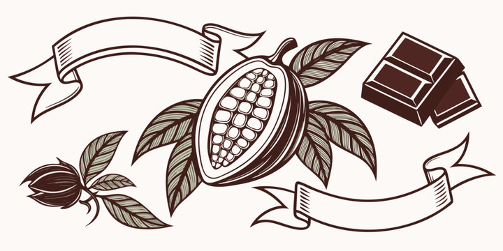 Vintage cocoa pod and chocolate bars with ribbons, vector
