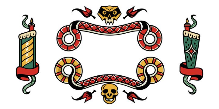 Old school tattoo flash set with skulls and candles, vector