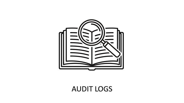 Audit logs and data review icon with magnifying research analysis inspection investigation documentation checking business accounting compliance examination information discovery studying