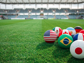 Soccer balls with flags of different countries on a green field in a stadium © Emad Fathy Hussein A