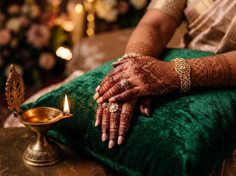 Bridal hands displaying detailed mehndi and kundan jewelry on velvet cushion