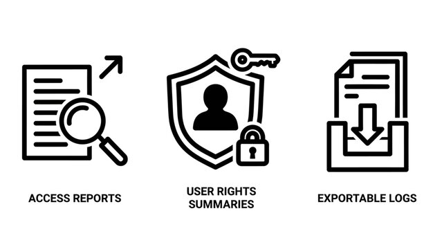 Audit and user activity reporting system icons set with security compliance document magnifying download analysis management monitoring tracking business administration information