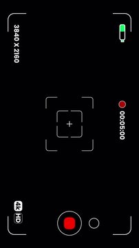 Vertical mobile phone video capture interface with focus frame and timer, digital camera viewfinder overlay 4k video