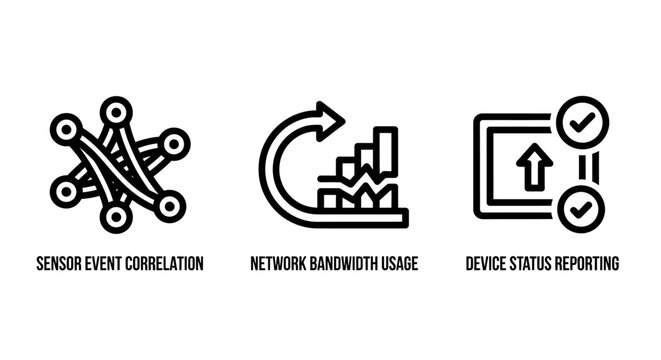 Sensor correlation and network bandwidth usage icon set with correlation bandwidth reporting analysis monitoring connection technology information performance infrastructure hardware