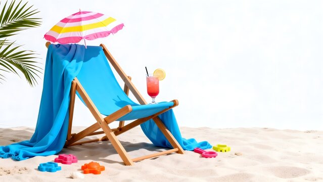 Beach chair with umbrella and drink