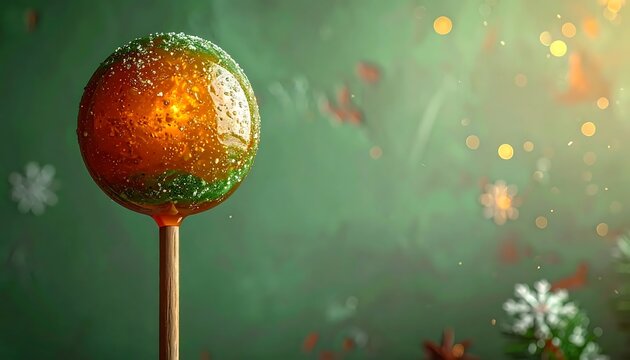 Glossy Caramel Candy Apple on Stick with Sugar Crystals in Festive Green Background