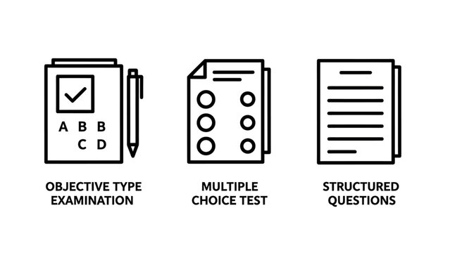 Set of education and examination icons featuring multiple choice and test documents education examination document learning academic objective structured question assessment knowledge
