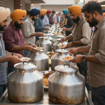 Community Kitchen Serving Food in a Sikh Langar with Large Metal Pots and People Queuing