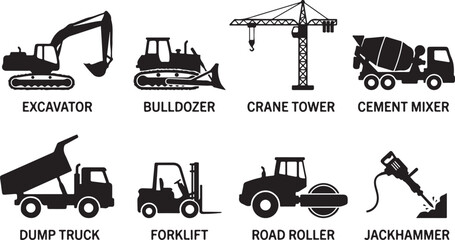 Construction vehicles, heavy machinery icons, excavator, bulldozer, crane, cement mixer, dump truck, forklift, road roller, jackhammer, industrial equipment © Nayeem