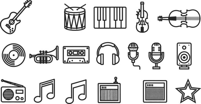 Music icons and symbols for music industry and audio equipment
