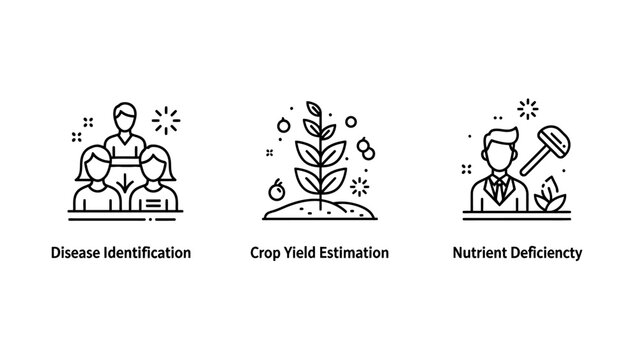 Collection of agricultural science outline icons representing disease identification crop yield and nutrient deficiency with agriculture nutrient deficiency identification analysis agronomy