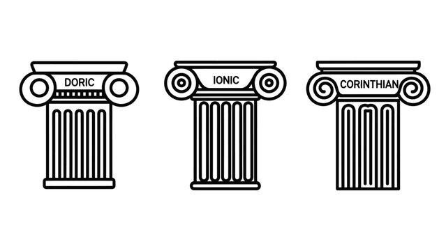 Set of three classical architectural columns representing doric ionic and corinthian orders with architectural corinthian classical structure building monument landmark ornamental construction