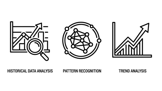 Set of business analytics icons showing historical data analysis pattern recognition and trend analysis with analytics analysis recognition historical statistics business research information