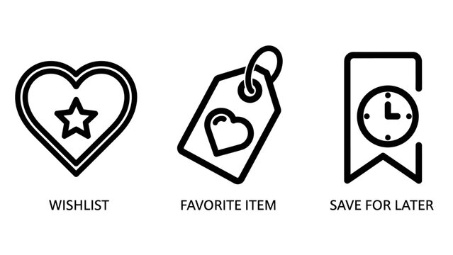 E-commerce and shopping icons representing wishlist favorite item and save for later with wishlist favorite shopping ecommerce marketing interface minimalist business customer bookmark