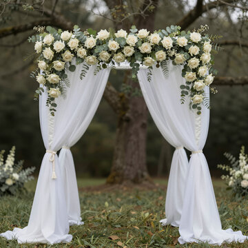Elegant wedding chuppah adorned with white roses, eucalyptus, and flowing white curtains in a garden setting