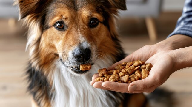 Dog eating kibble from owner's hand, pet nutrition, animal care, trust and healthy feeding concept.