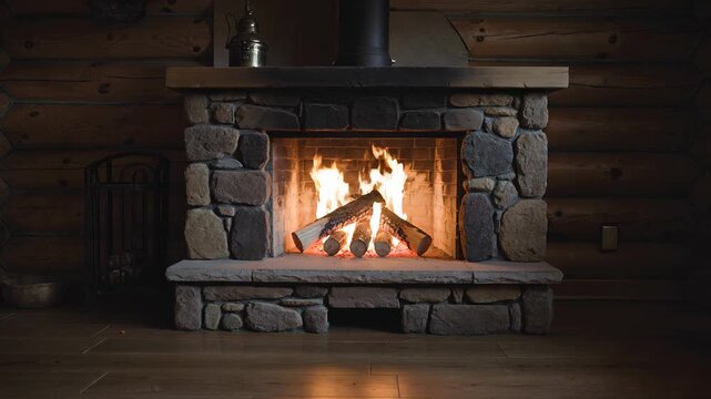 Cozy Stone Fireplace Burning with Glowing Logs in a Rustic Cabin. Seamless looping 4k video background