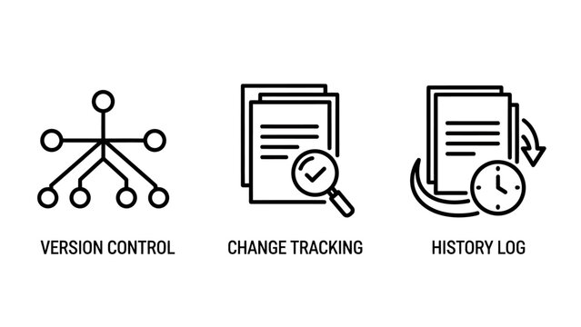 Software development workflow and version control line icon set with tracking management development software workflow technical revision database repository monitoring analysis engineering