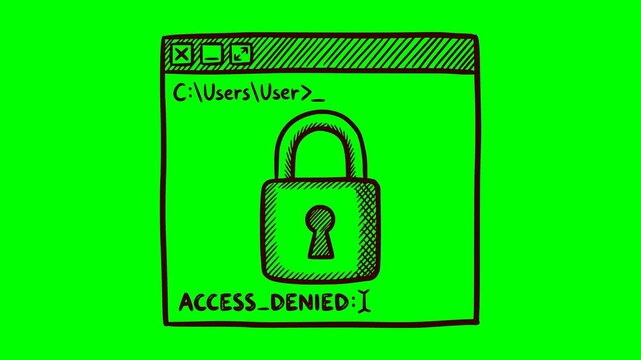 hand drawn cmd terminal animation with a closed padlock and access denied text blinking. Isolated graphic on green screen chroma key background for easy video editing