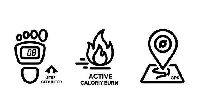 Fitness tracking and health monitoring line icons for activity and location with location navigation activity exercise technology interface monitoring wellness lifestyle wearable tracking