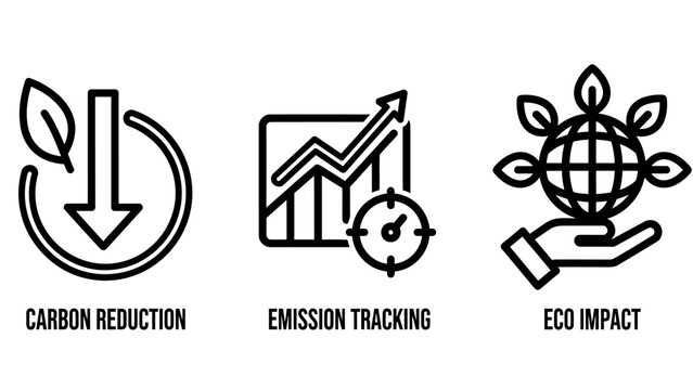 Set of environmental sustainability icons showing carbon reduction arrow emission tracking chart eco impact globe environment sustainability reduction emission tracking pollution industry