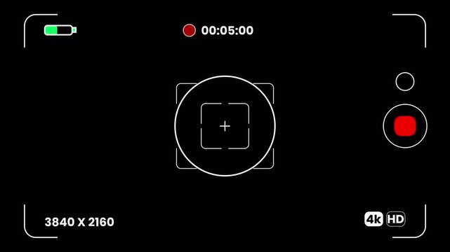 Digital camcorder recording screen interface with battery and timecode icons, smartphone camera viewfinder overlay 4k video