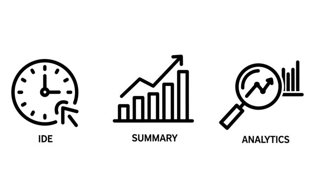 Analytics and summary data icons with ide time clock analytics management business analysis magnifying research planning development software productivity information statistics strategy