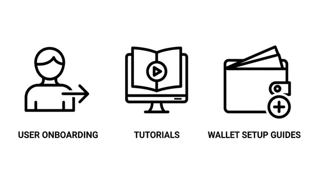 User onboarding tutorials wallet setup guide line icons set for digital services with onboarding tutorial interface education training software learning technology development security