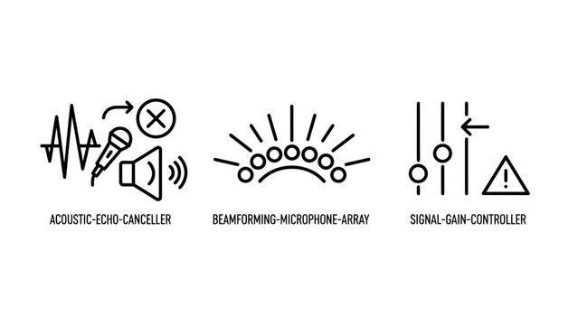 Audio settings and technical control line art icons with settings microphone adjustment equalizer monitoring interface technical configuration optimization indicator software processing