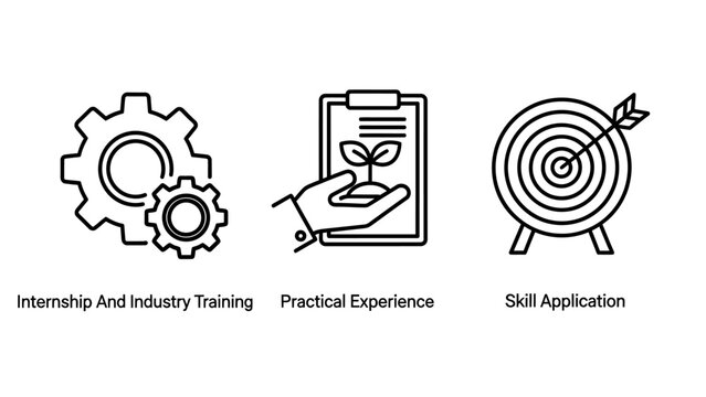 Professional skill development and practical industry training icons with internship training industry practical experience application clipboard development professional education learning