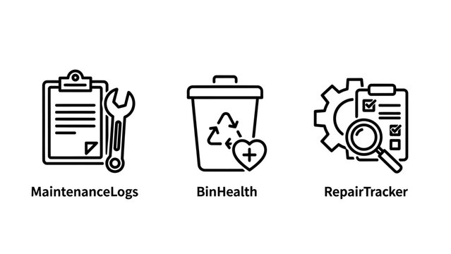 Maintenance logs bin health and repair tracker line icons for facility management with maintenance facility management clipboard magnifying recycling technical document industry business