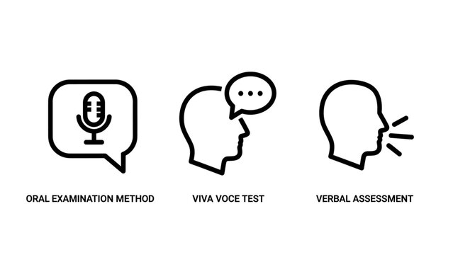 Oral examination method viva voce test and verbal assessment education icons with examination assessment education microphone speaking academic learning communication dialogue interview