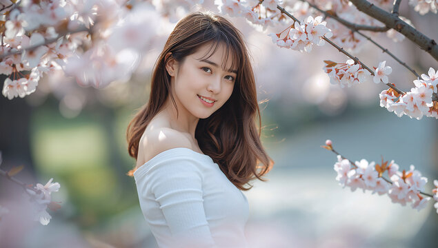 朝の澄んだ光の中で桜に囲まれて笑う日本人女性の爽やかな春風景