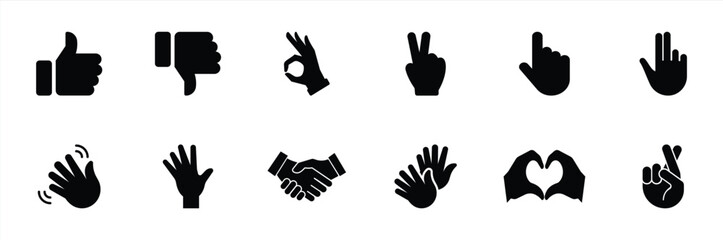 Obraz premium Hand Gesture Icon Set – Thumbs Up Handshake and Human Communication Symbols Collection