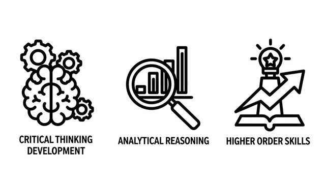 Educational skill development icons representing critical thinking analytical reasoning and higher order learning abilities with education thinking reasoning learning analysis magnifying