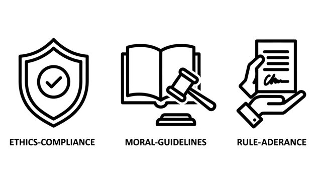 Ethics compliance and moral guidelines icon set with compliance guidelines document integrity business contract agreement corporate governance regulation standard behavior professional