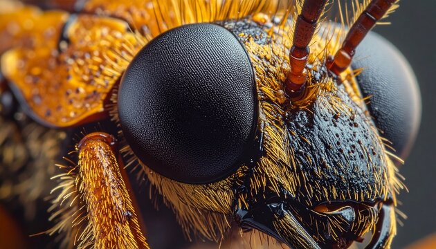 Detailed Macro View of a Striking Insect Face with Prominent Eyes.