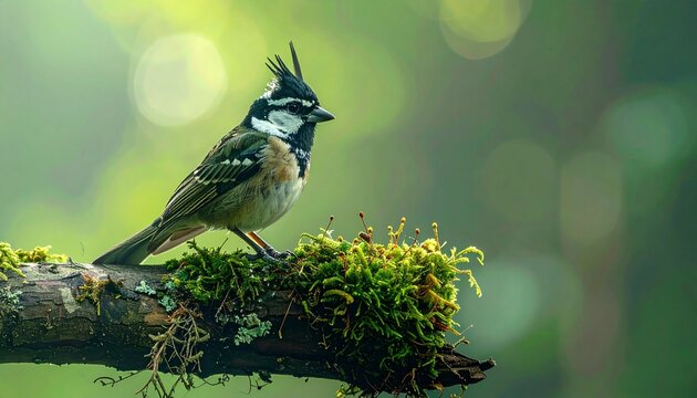 Elegant Crested Tit Bird Perched on Mossy Branch in Natural Habitat.