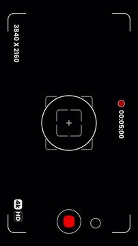 Vertical camera recording screen interface with timer and resolution text, smartphone viewfinder overlay with alpha channel 4k video