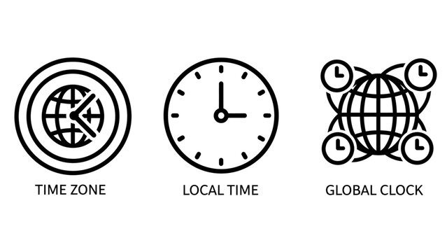 Global time and world clock line icon collection for time management and scheduling with schedule timezone management international minimalist business planning coordination locations