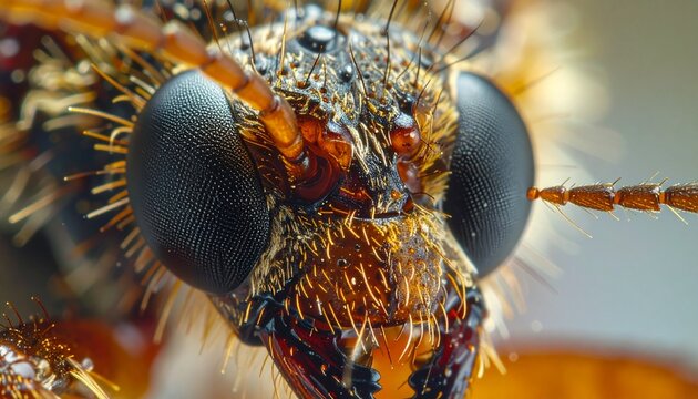 Detailed macro shot of a beetles face showcasing intricate details.