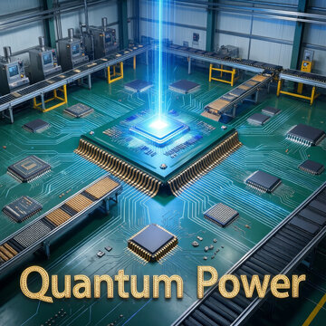 Quantum power platform emerging from industrial setting symbolizing energy efficient computing and transformative engineering solutions