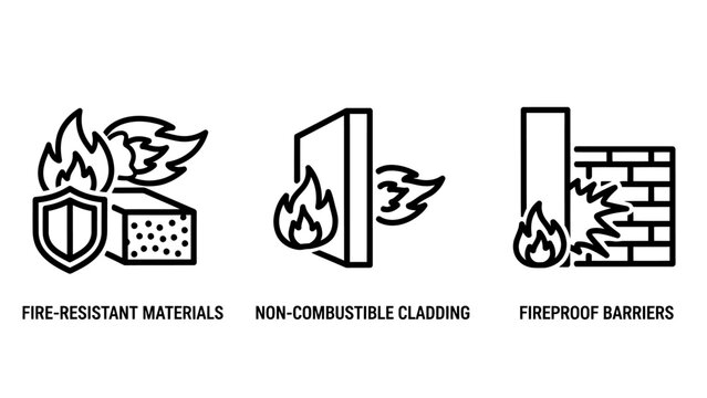 Fire protection and safety material icons featuring fire-resistant materials non-combustible cladding fireproof barriers protection resistant material noncombustible cladding fireproof building
