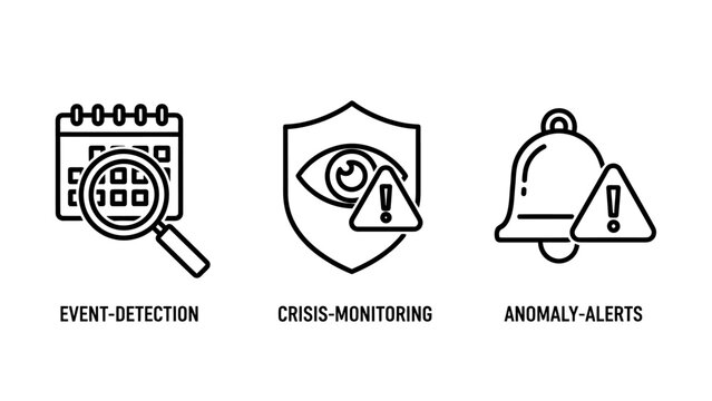 Set of security and monitoring outline icons for event detection crisis management anomaly alerts with detection monitoring calendar magnifying security surveillance management business
