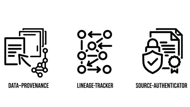 Data security and tracking icons depicting data provenance lineage tracker source authenticator elements provenance authenticator security tracking blockchain information documents