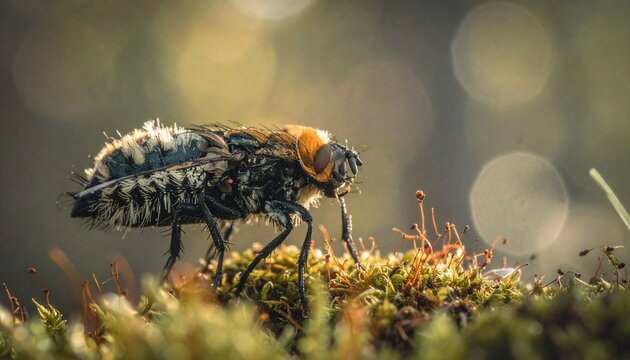 Detailed macro shot of a Tachinid fly on a mossy surface.