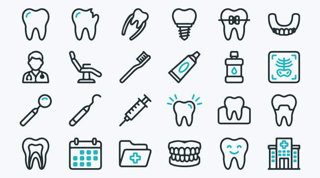 Professional Dentistry and Tooth Care Line Art Icon Set