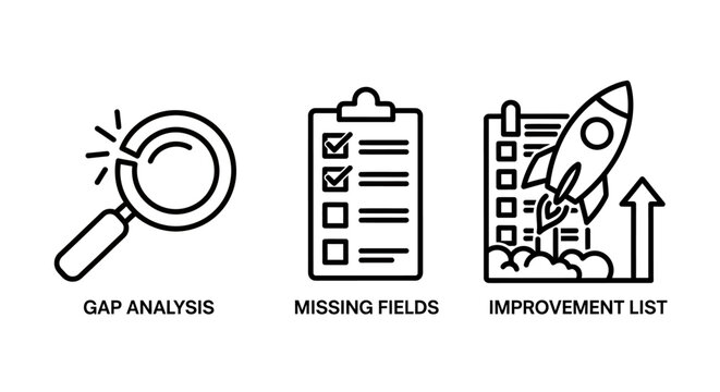 Business process optimization line icons for gap analysis missing fields and improvement list with analysis improvement business optimization management strategy planning checklist development