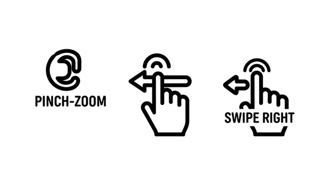 User interface interaction gestures line icons for pinch zoom touch navigation and swipe right with navigation interface interactive software application smartphone experience minimalist
